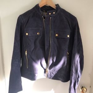 Michael Kors Navy Leather Jacket with Gold Accents